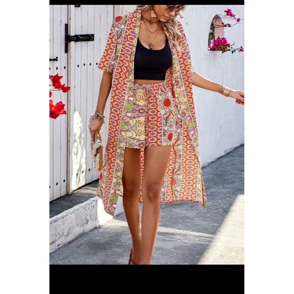 Shein Curve Lune Women Floral Open Front Kimono Shorts Set Pockets Duster 1XL - Picture 7 of 16